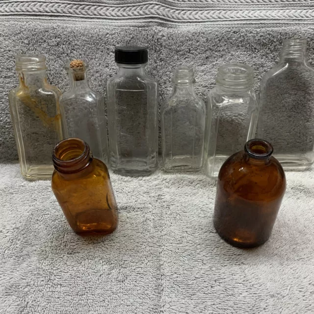Lot Of 8 Imperfect Clear & Brown Apothecary Glass Bottle Pharmacy Medicine 3-5”
