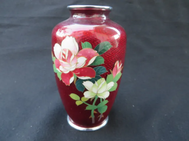 Vintage Small Japanese Cloisonne Pigeon Red Vase with Hand Painted Flowers 5"H