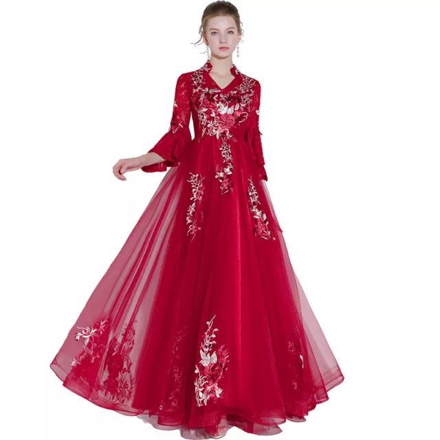 Long Sleeve Chinese Slim Empire Waist Floral Gown Party Women Dress Wedding Y815