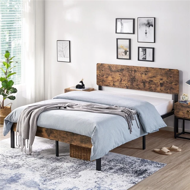 TWIN/FULL/QUEEN METAL PLATFORM Bed Frame with Wooden Headboard Vintage