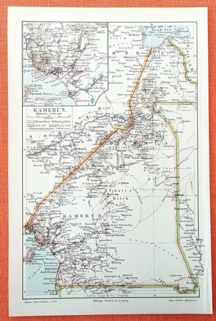 KAMERUN deutsche Kolonie Schutzgebiet Afrika  Landkarte von 1895
