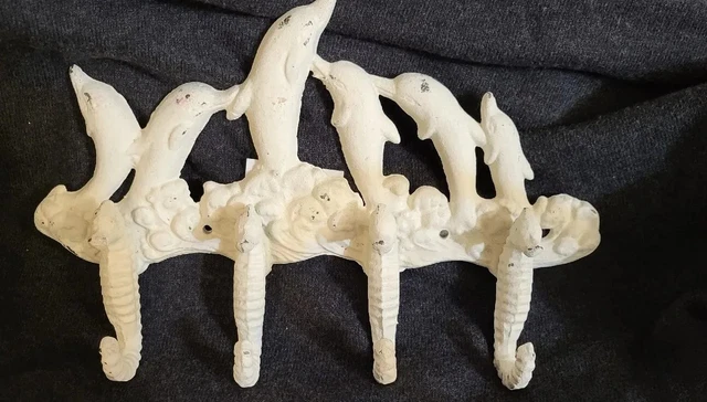 DOLPHIN & Seahorse Key Hooks Towel/Coat Holder Cast Iron  WHITE