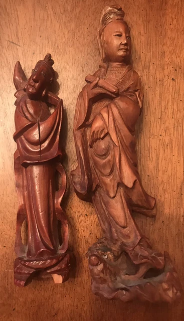 TRUE VINTAGE Chinese Boxwood LOT Hand-Carved Kwan-Yin GuanYin Statue + Old Man