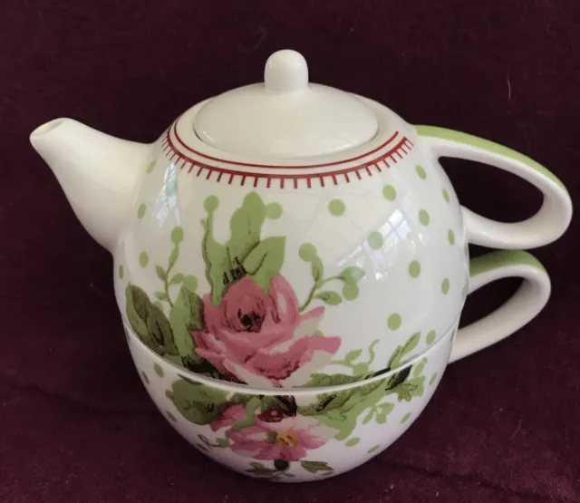 Tea-for-one fine china cup & teapot set, Marks & Spencer, red & green florals