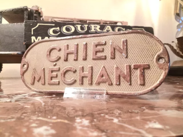 15,5 x 6 cm - Ancienne plaque d'épouvante de porte, portail : Chien Mechant