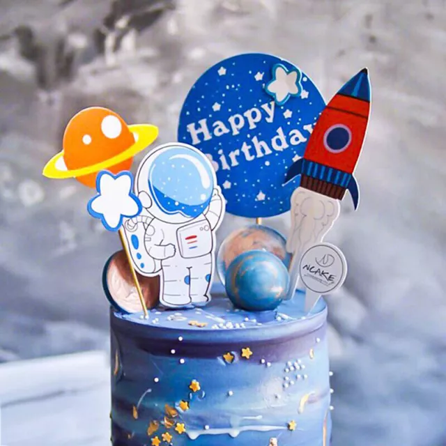 6pcs Astronaut Cake Decoration Spaceship Cupcake Dress Up Plug-In Toppers-=FE