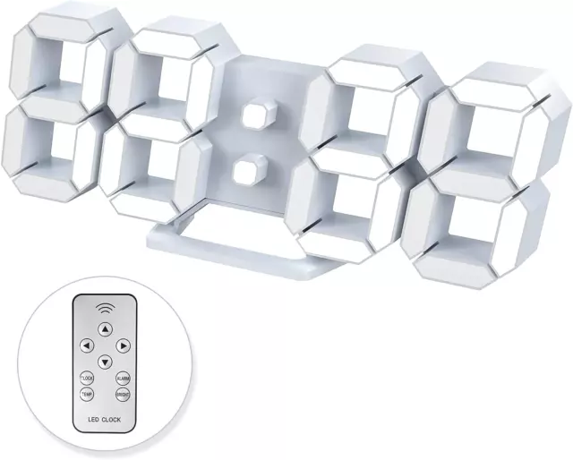 Orologio Da Parete Digitale LED 3D Bianco 24,6 Cm Con Telecomando E Luminosità R