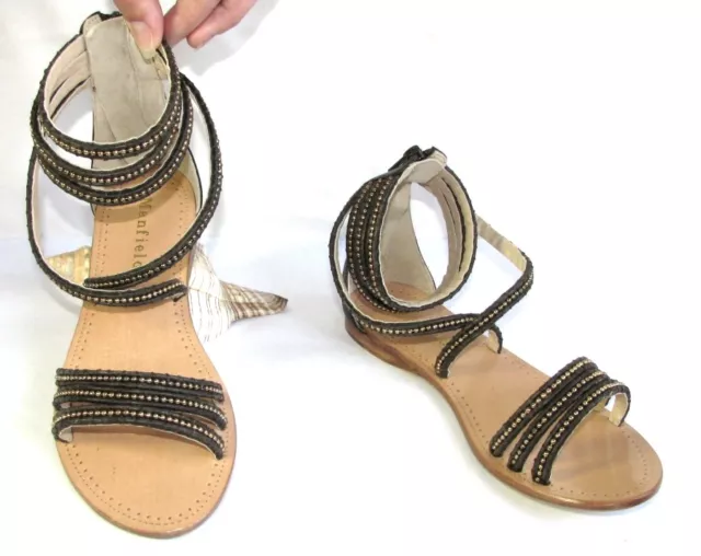 MANFIELD Sandales plates tout cuir marron clous métal dorés 36 / 165 € NEUF