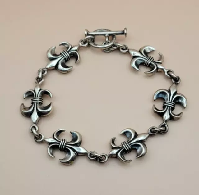 Estate Fleur De Lis 925 Sterling Silver Ornate Toggle & Ring Bracelet 9" -- 42g