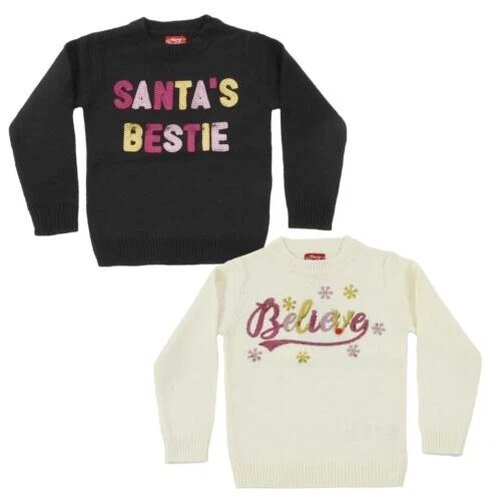 Ragazze Natale Maglione Paillettes Sparkle Morbida Maglia Top Bestie Believe