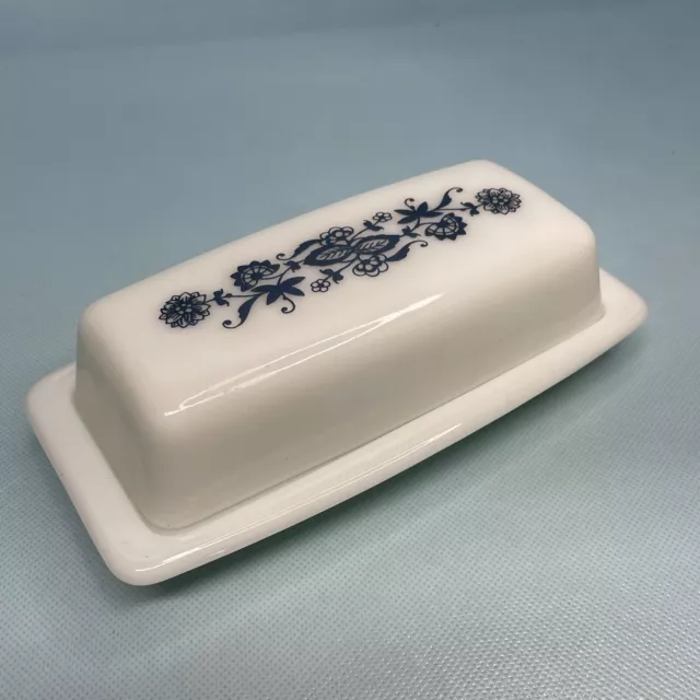 Vintage Pyrex Old Town Blue Covered Butter Dish White Milk Glass Onion Pattern