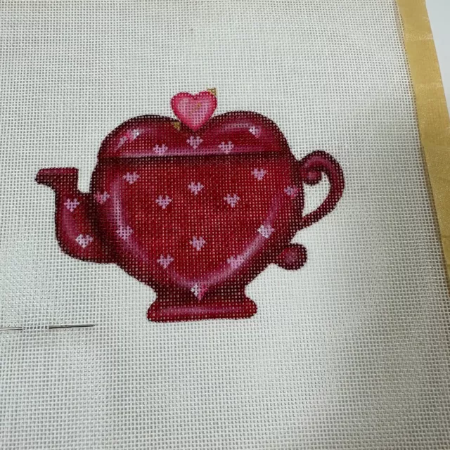 Vtg Melissa Shirley Handpainted Needlepoint Canvas Red Heart Tea Pot