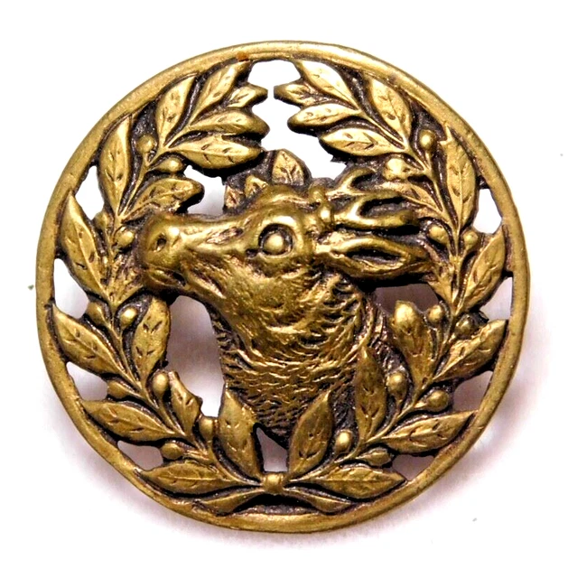 Antique Vtg BUTTON Pierced Brass DEER Head w Laurel Leaves  NICE #J1