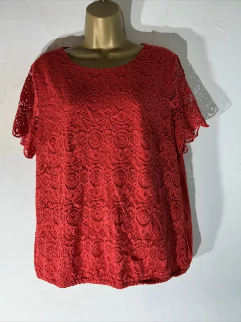 Blusa para mujer Bonmarche talla grande Reino Unido 18 roja de encaje superpuesta manga corta usada