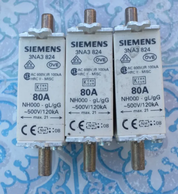 3X Siemens 3NA3824 fusible 80A taille 000 gG 500V Lot de 3 5