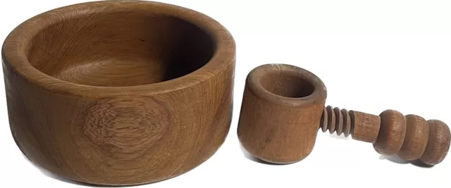 Antique wooden hand screw Nutmeg grinder Nutcracker bowl nut cracker vtg set