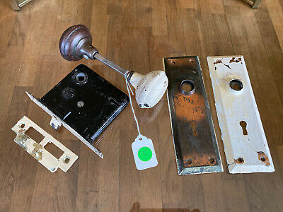 Antique Mortise Lock Door Knob Set + Backplates Striker 1920s Farmhouse Set 4-5