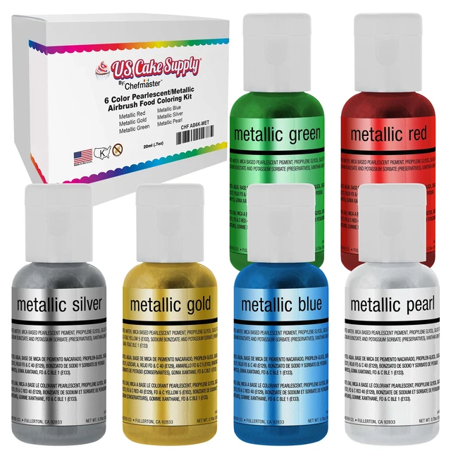 6 aerógrafo pastel perlado brillante perlado colores metálicos brillantes para pasteles de suministro de pasteles de EE. UU. en 0,7 fl.oz.