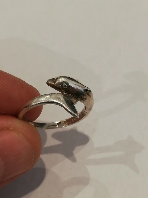 Bague Vintage Argent Massif 925 - Motif Dauphins, Taille 52, Occasion En Bon état
