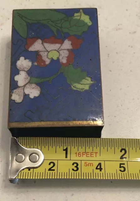 VTG Brass Enameled Chinese CLOISONNE Match Box Holder Blue with Floral Pattern