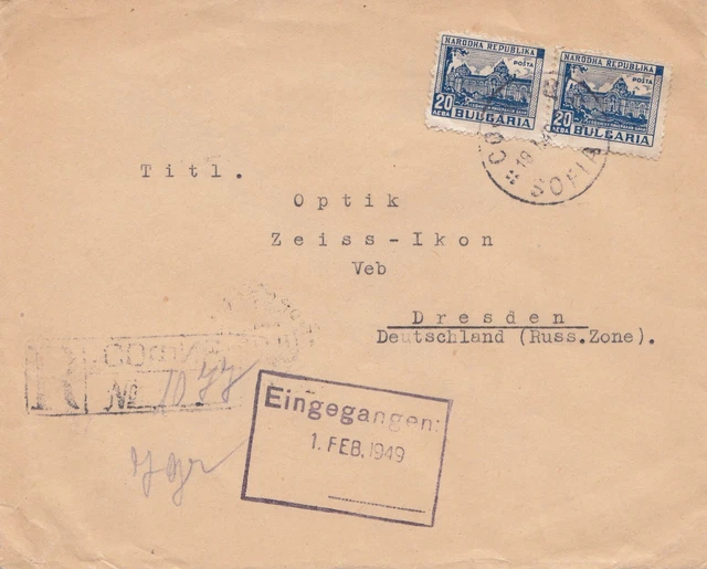 Bulgarie 1949: Lettre De Sofia Après Dresden- Zeiss-Idon