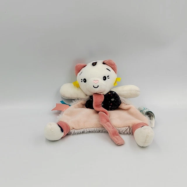 Doudou plat attache tétine chat blanc gris rose bleu Pollen BABY NAT - 31582