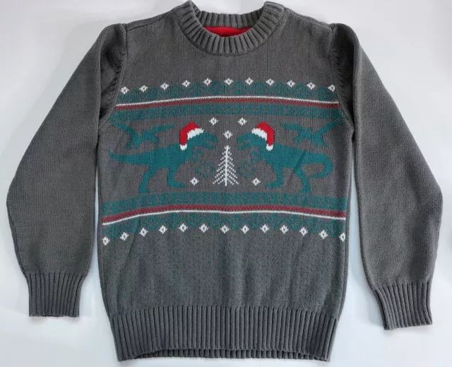 Toughskins Boy’s Dinosaur Santa Ugly Christmas Sweater Holiday Gray Blue - Sz M