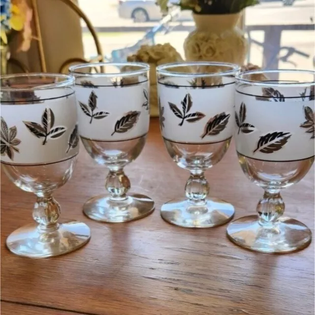 Set Of 4 Vintage 1960 Libbey Silver Leaf Wheat Frosted Goblet Wine/Water Glasses