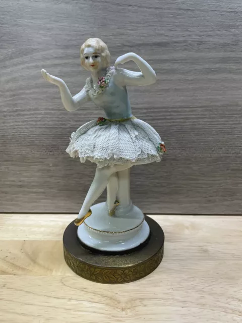 Vintage German Dresden Porcelain Blue Dress Lady Figurine White Lace Brass Base
