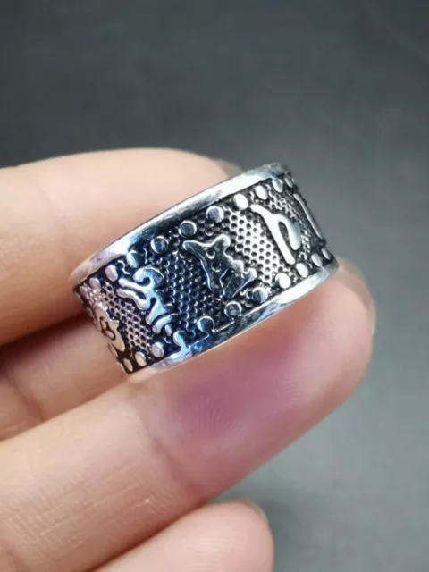 Exquisite Old Chinese tibet silver handcarved Six Sons Mantra Ring 59102 3