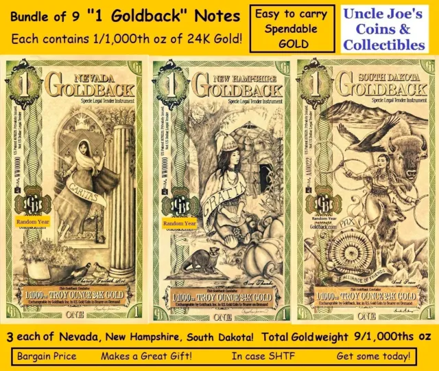 Nine "1 Goldback Notes" NV, NH, SD Each is 1/1000th 24K Gold! Trade Spend Save