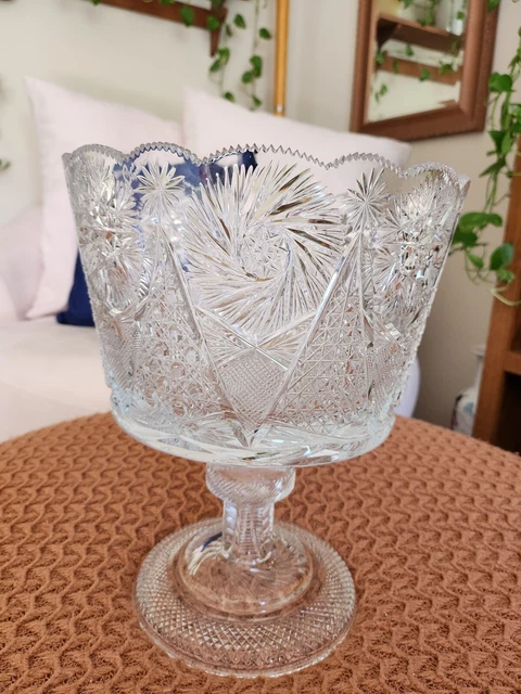 Yasemin Cut Crystal Glass Punch Bowl Pedestal Vase ABP Style Large 10.5 lbs.