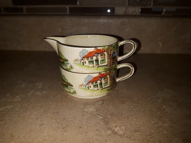 Rare Royal Winton Grimwades China Mini Stacking Creamer Sugar Bowl Red Roof VGC