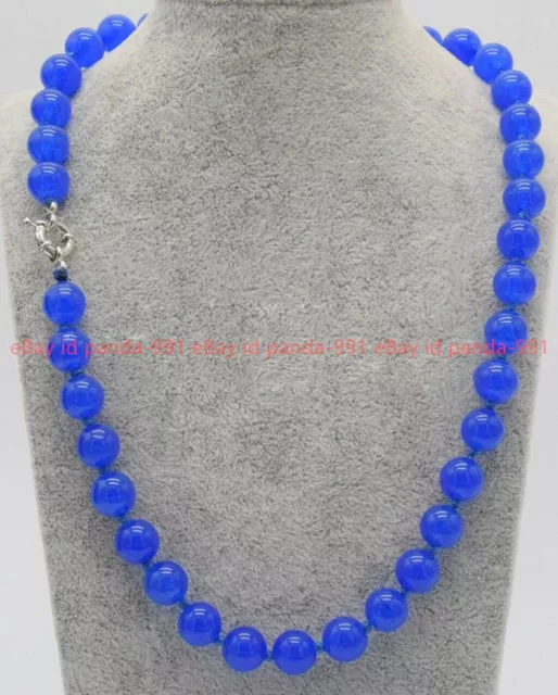 Collier De Perles De Pierres Précieuses Rondes En Jade Bleu Naturel De 12mm 18"