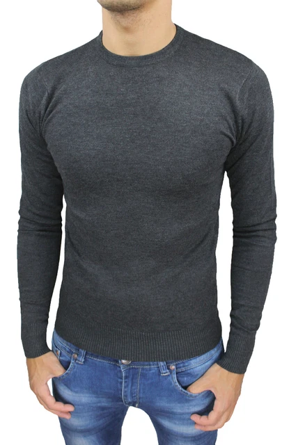 MAGLIONE PULLOVER UOMO GRIGIO SCURO SLIM FIT INVERNALE MAGLIONCINO da M a XXXL