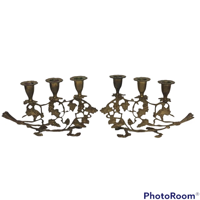 Pair Art Nouveau Brass 3 Candle Holders Grapes Leaves Feet Tail Fish Shape 7x11"