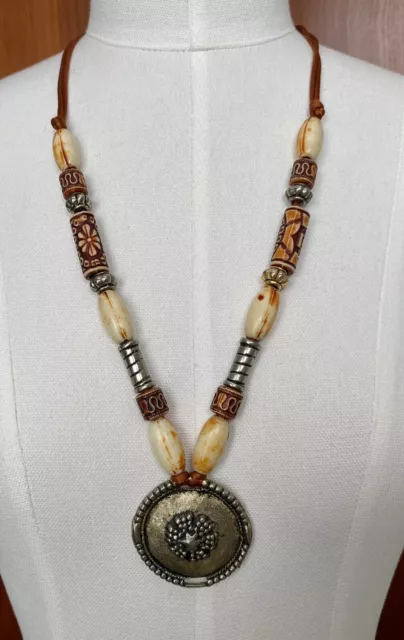 Vtg tribal necklace handmade carved beads round metal pendant boho silk thread