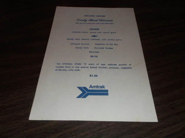 Amtrak Dining Car Early Bird Dinner Menu