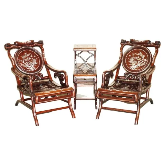 Pair Of Antique Padauk & Mother Of Pearl Reclined Plantation Armchairs & Table