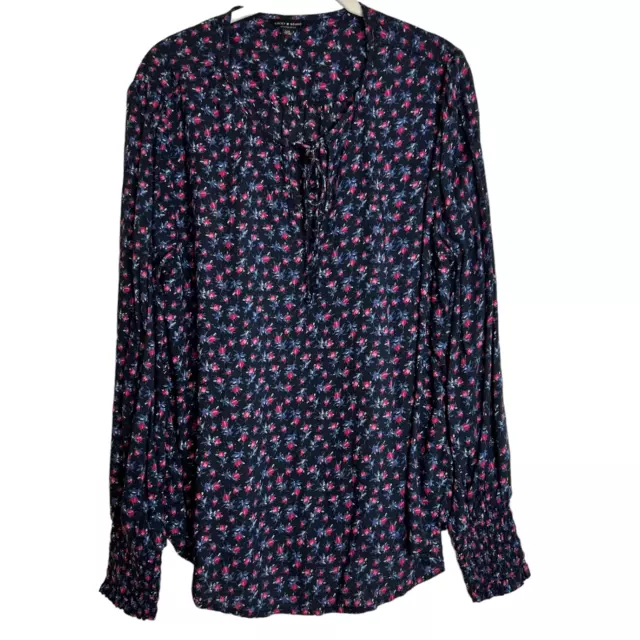 Lucky Brand Womens Blouse Large Blue Red Floral Pullover Long Sleeve Tie Neck