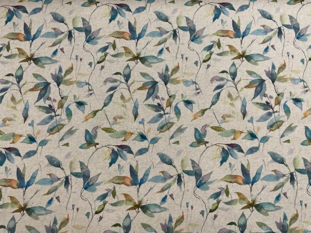 Teal & Ochre  Floral Leaf Linen Fabric Curtain Blind Upholstery