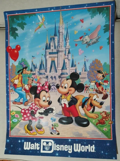 Vintage 1990 Walt Disney World Poster 18 x 24 with Mickey & Minnie and friends