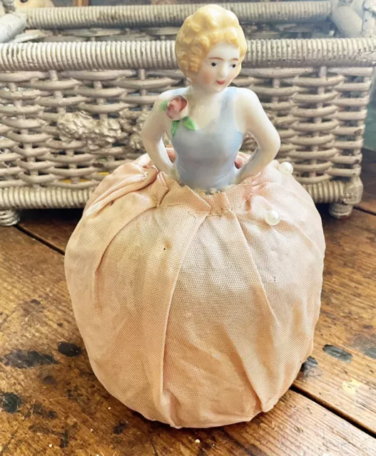 Antique Germany Porcelain Half Doll Pin Cushion Sewing
