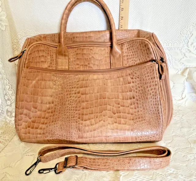 Bueno Travel Luggage Carry on Bag Caramel Colored Croc Embossed Faux Leather VGC