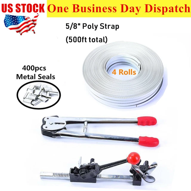 STRAPPING TOOL KIT Poly 500ft Strap Ratchet Crimper 400Pcs Steel Seals