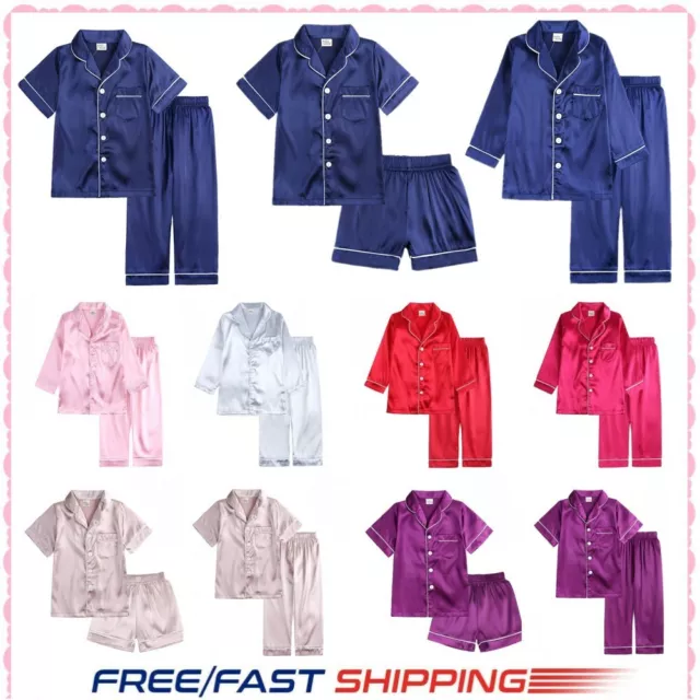 Boy Girl Pyjamas Set Nightwear Pjs Button Satin Silk Sleepwear Top Pants Outfits