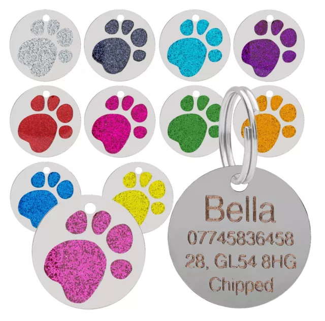 Dog Cat Pet Tag Personalised Engraved Collar ID Tags 25mm Glitter Paw Print