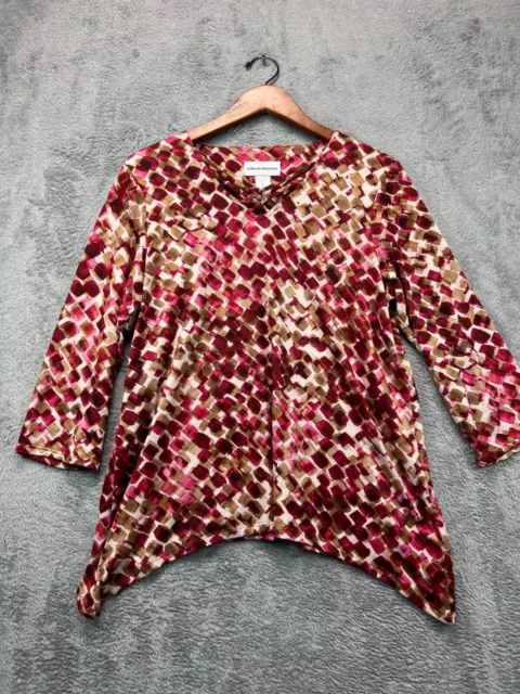 Alfred Dunner Top Shirt Womens Small Brown Pink Asymmetrical Hem Blouse Ladies