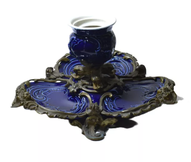 Antique Ashtray Cobalt Blue Glaze Pedestal Table Lighter Cherubs Ball Claw Large