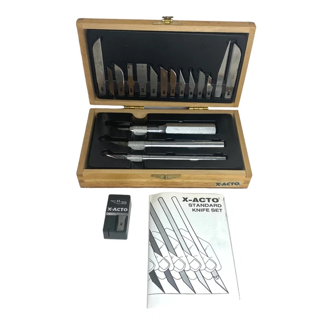 VINTAGE XACTO KNIFE Set w/ Dovetailed Wood Box 3 Steel Handles